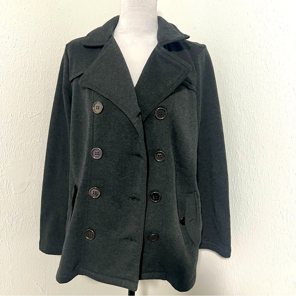 Miss Lili Juniors Med Charcoal Gray Double Breasted Peacoat Super Soft No Belt